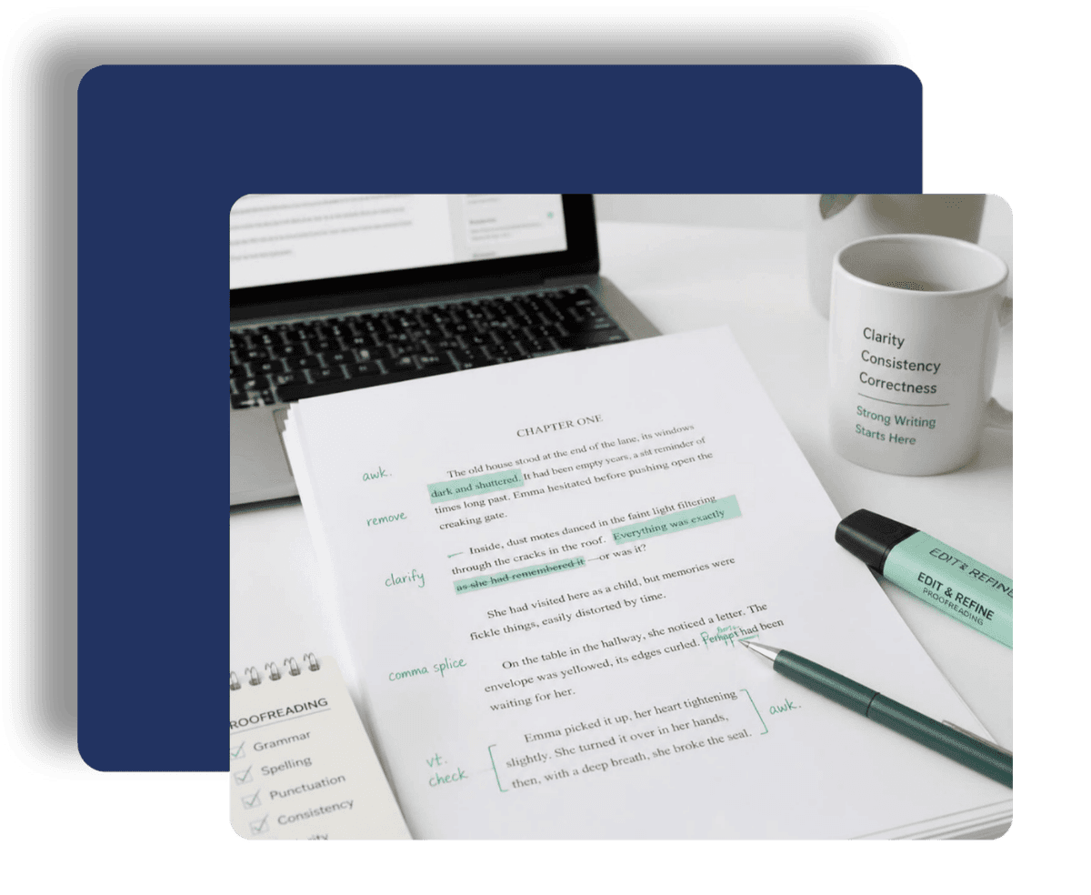 A proofread manuscript covered in editorial marks — awkward phrasing, clarity, and comma-splice corrections — beside a laptop, pen, and Murni Proofreading branded mug reading 'Clarity, Consistency, Correctness'